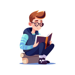 student boy reading a book vector, character learning illustration