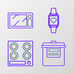 Set line Slow cooker, Gas stove, Smart watch showing heart beat rate and Microwave oven icon. Vector