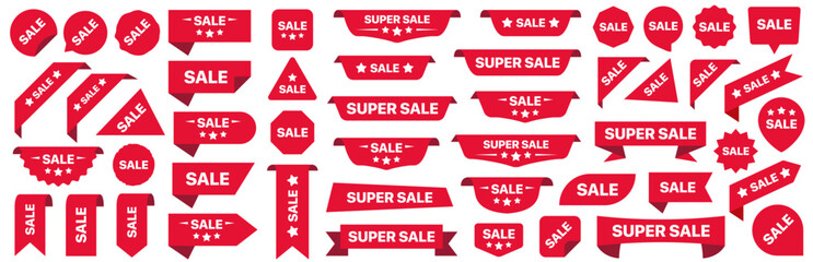 Super sale red label isolated on white background. Set of super sale badge ribbon. Sticker, tags, badge, ribbon for promotion - obrazy, fototapety, plakaty