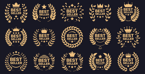 Best seller badge collection. Set of best seller emblem with laurel wreath, crown and star icon. Best seller label collection - obrazy, fototapety, plakaty