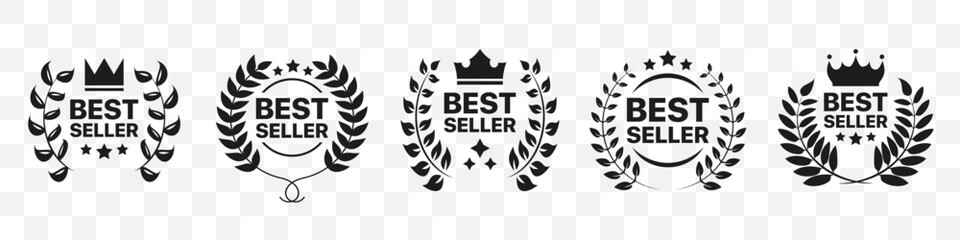 Best seller badge collection. Set of best seller emblem with laurel wreath, crown and star icon. Best seller label collection