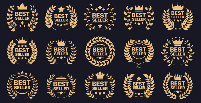 Best seller badge collection. Set of best seller emblem with laurel wreath, crown and star icon. Best seller label collection