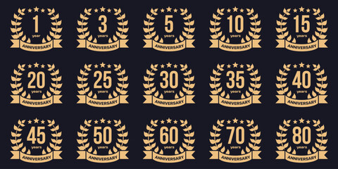 Happy anniversary emblem badges collection with laurel wreath, ribbon, star icons. Happy anniversary badge collection