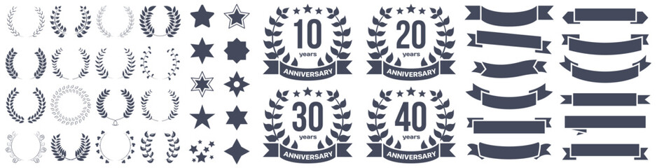 Happy anniversary emblem badges collection with laurel wreath, ribbon, star icons. Happy anniversary badge collection - obrazy, fototapety, plakaty