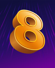 Number 8 in a 3D look up view. Stand out isolated on a purple gradation. illustration vector file.