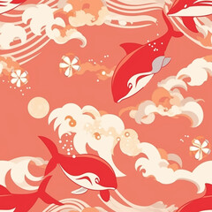 Scarlet Symphony, dolphin seamless pattern.Generative AI