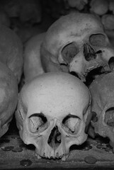 Vertical shot of skulls in the Sedlec Ossuary in Kutna Hora, Czech Republic