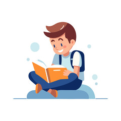 student boy reading a book vector, character learning illustration