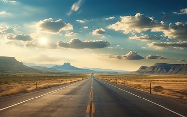 Fototapeta na wymiar A deserted highway road with a beautiful desert landscape generative ai