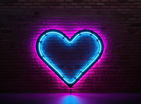 Neon heart with a glow on the background of a dark brick wall. Neon sign pink and blue. Created with Generative AI technology.