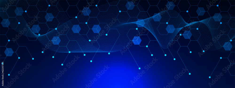Poster abstract modern technology with hexagons and wave flow. big data visualization, social networking an