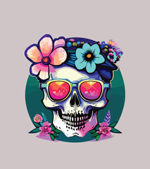 skull head surrounded by flowers and leaves illustration