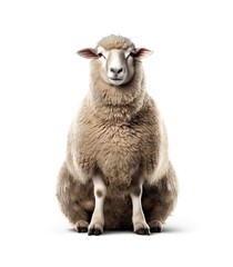 Fototapeta premium Portrait of a sheep sitting full length front view on isolated white background generative ai
