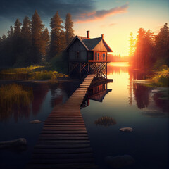 Obraz premium A wooden house on the shore of a secluded forest lake and at sunrise or sunset. Generative AI