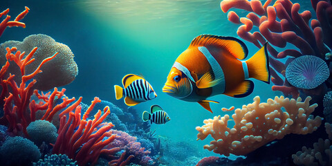 Tropical multi-colored bright fish swim underwater against the backdrop of a coral reef. Generative AI
