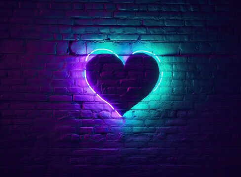 Neon heart with a glow on the background of a dark brick wall. Neon sign pink and blue. Created with Generative AI technology. - Powered by Adobe