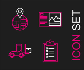 Set line Verification of delivery list clipboard, Forklift truck, Postcard and icon. Vector