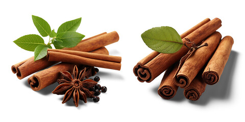 Fresh cinnamon sticks and anise star with black pepper isolated over a transparent background closeup