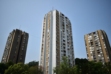 Fototapeta na wymiar ˝Novi Sad, Serbia - 07 11 2023: Residential skyscrapers from communist era near Danube kay˝
