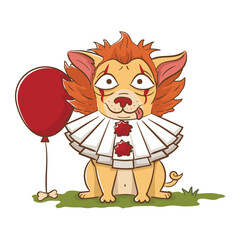 Funny cartoon chihuahua dog in an evil clown costume for halloween. Scary funny character for halloween. Vector illustration