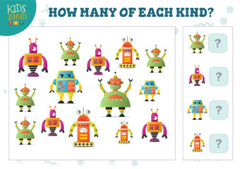 Naklejka premium How many of each kind cartoon robot kids counting game vector illustration