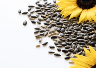 Flowers and seed of sunflower on white background with space for text. Created with Generative AI technology.
