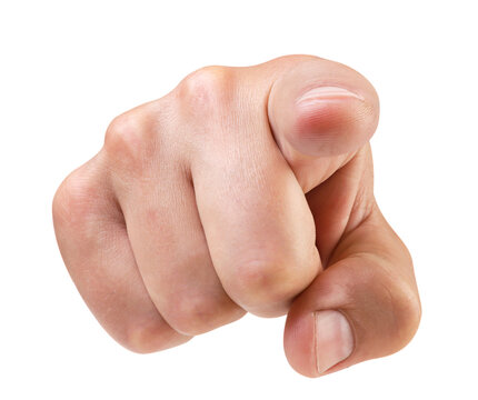 Index finger shows straight, a man's hand on a white background. Isolated