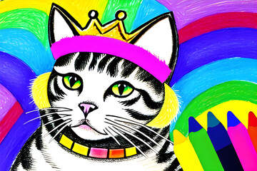  illustration of a cat wearing a crown with rainbow colored fur