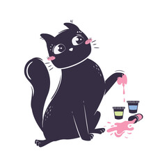 simple funny cat stained its paw in gouache paint
