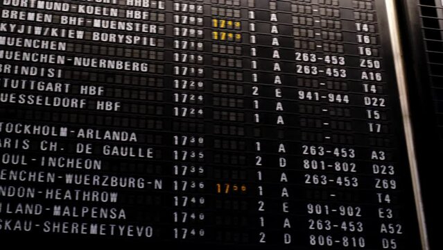 schedule of aircraft flights on an electronic scoreboard, travelling during covid-19 pandemic, concept delay, flight cancellation, arrival time, flight number, wait for the arrival of flight