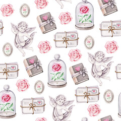 angel, love letters, book, rose, medallion.Love concept.Endless ornament for wallpaper,wrapping paper, wedding invitations, Saint Valentine's greeting cards
