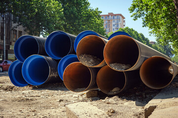 Large plastic corrugated pipes and steel pipes for water supply lie on a city street.