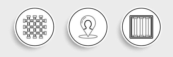 Set line Prison window, and Map marker with a silhouette of a person icon. Vector