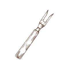 Hand drawn vector sketch of barbecue fork with wooden handle on white background. Doodle vintage illustration. Decorations for the menu of cafes and labels. Engraved immage.