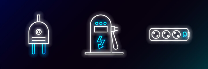 Set line Electric extension cord, plug and car charging station icon. Glowing neon. Vector