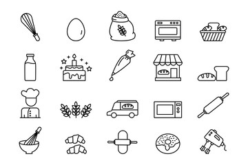 Bakery set icon. Contains element of bakery icon, whisk, oven, baker, bread, hand mixer and more. line icon style design. Simple vector design editable