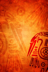 Background with grunge paper texture of orange color and American Indian traditional patterns with heron