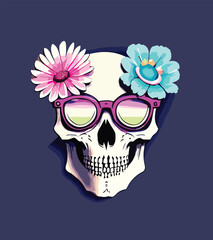 skull head surrounded by flowers and leaves illustration