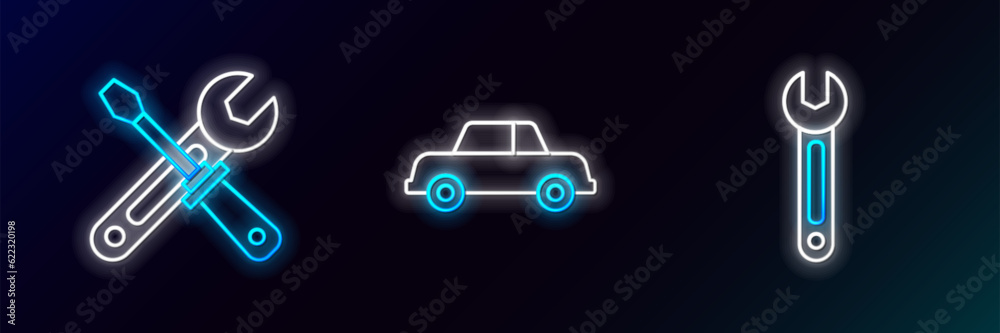 Poster set line wrench, screwdriver and wrench tools and car icon. glowing neon. vector