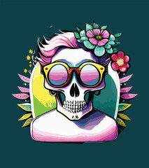 skull head surrounded by flowers and leaves illustration