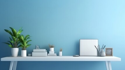 home interior design mock up concept white working table and office accessory items with pale blue color wall house beautiful background,ai generate