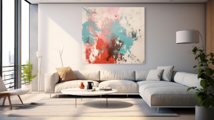 home interior showflat room mock up beautiful contemporary sofa with decorative poster on the wall background daylight house beautiful concept,ai generate