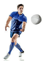 one caucasian rugby player man studio isolated on white background