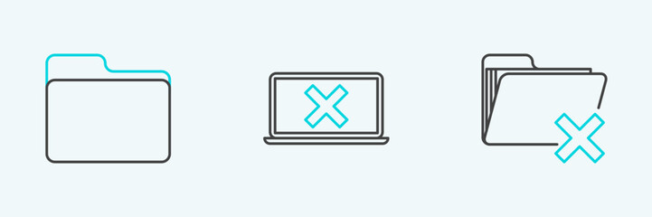 Set line Delete folder, Document and Laptop and cross mark on screen icon. Vector
