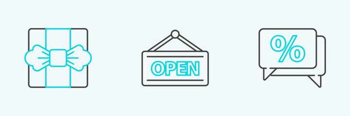 Set line Discount percent tag, Gift box and Hanging sign with Open icon. Vector