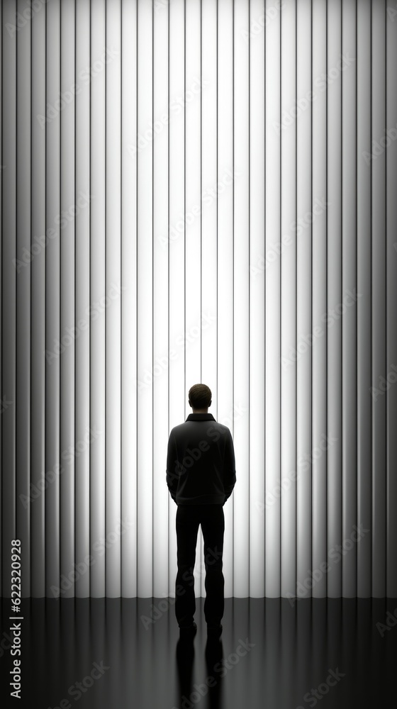 Wall mural a man standing in front of a wall with vertical blinds. generative ai image.