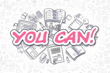 You Can Doodle Illustration of Magenta Inscription and Stationery Surrounded by Cartoon Icons. Business Concept for Web Banners and Printed Materials.