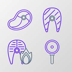 Set line Frying pan, Grilled fish steak and fire flame, Fish and Steak meat icon. Vector