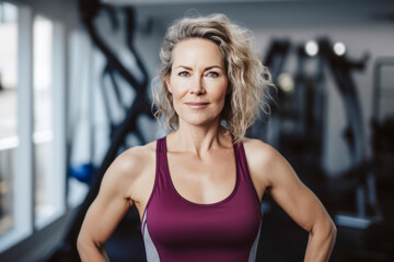 Lifestyle shot of a middle age woman wearing vibrant sports top exuding vitality.