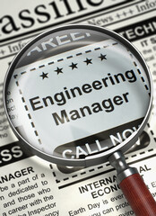 Engineering Manager. Newspaper with the Small Ads of Job Search. Engineering Manager - Advertisements and Classifieds Ads for Vacancy in Newspaper. Job Search Concept. Selective focus. 3D Rendering.
